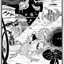 A man rides a fantasy horse at the bottom of the sea in the presence of various sea animals