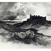 A ruined castle is seen from a distance on a hill overlooking the sea