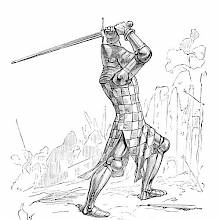 Fourteenth-Century soldier wearing a bascinet, a surcoat, and wielding a longsword with two hands