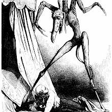 A man lies on the floor beside his bed with a monstrous creature standing tall over him