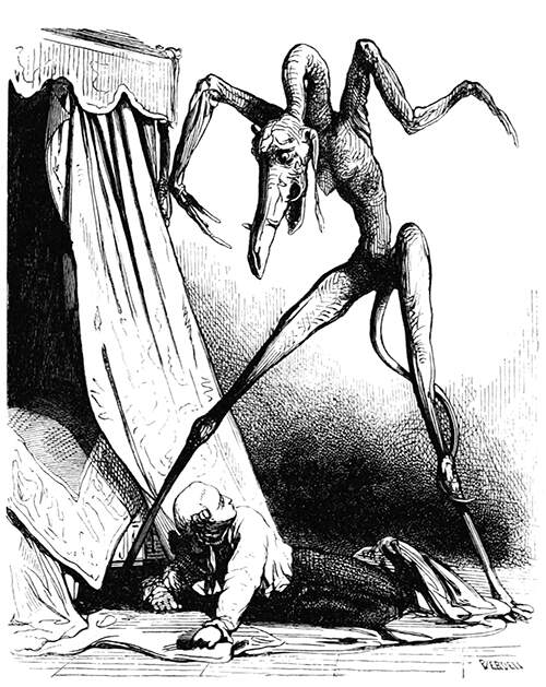 A man lies on the floor beside his bed with a monstrous creature standing tall over him