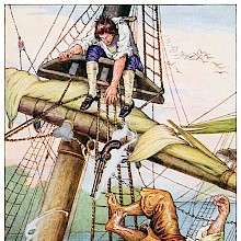 A youth sits at the crosstrees of a mast as his pursuer falls from the rigging
