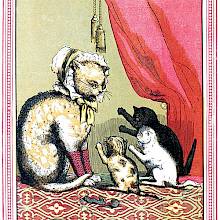 A mother cat sits on a patterned rug while her three kittens show her that they have lost their mittens