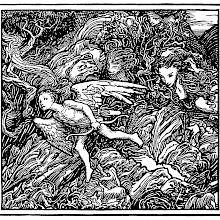 Cupid is running away in an eerie forest as female faces seem to pursue him