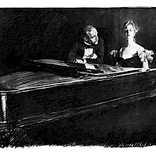 A woman sitting at a grand piano plays and sings under the gaze of a man leaning beside her