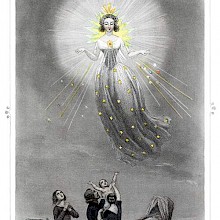 A female figure with a radiant halo floats in mid-air as a couple hold out their child to her