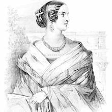 Portrait of a young woman looking to the side with a fan in her hand and wearing elaborate buns