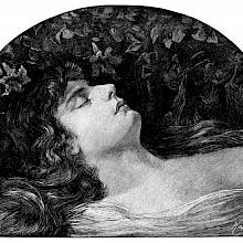 A sleeping woman is seen from the side with flowers hanging over her head