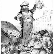 A peddler stands at the rear of a carriage and sells stocks to the crowd