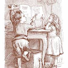 A boy and a girl are leaning on a table, looking at a book with pictures of butterflies