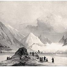 Tinted lithograph depicting the craggy, icy landscape of Spitsbergen as seen from Magdalena Bay