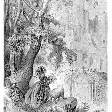 A little girl with a cat at her side at some distance of the entrance of a towering castle