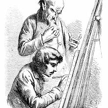 A painter is sitting at an easel and working under the supervision of a bald, older man