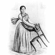 A woman with a feather duster tucked under her arm polishes the back of a chair with her apron