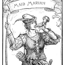 Portrait of Maid Marian blowing a horn and holding a bow