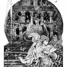 A woman walks away from a man in the courtyard of a palace overgrown with vegetation