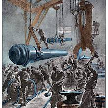 Workers are hammering steel in a factory workshop as cannons are being hoisted around