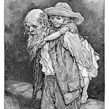 A bald man with a long beard smiles faintly as he carries on his back a little girl wearing his hat