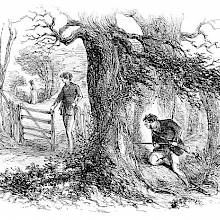 A man is hiding with a rifle behind a tree, waiting for another to come his way