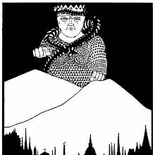 A gigantic man points his finger at the viewer while standing behind mountains overlooking a city