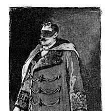 A masked man with a cane stands wearing a frogged coat and a cape