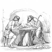 A man at a table blows in his bowl of food as a satyr stands opposite
