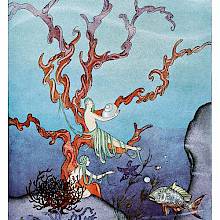Sea nymphs are seen underwater, partaking in the sea life among fish, and coral-like structures