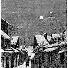 A man is seen walking away in the moonlit street of a town covered in snow