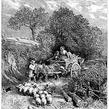 On a sunken lane, a small herd of sheep makes its way to the market, followed by a cart