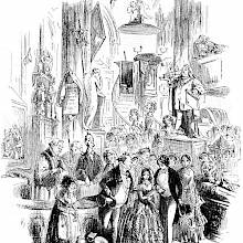 A young couple is walking down the aisle in a church full of people