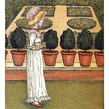 A girl wearing a hat and a haughty air stands in front of a hedged-in garden with flower beds