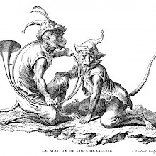 Two monkeys kneel facing each other, one holding a hunting horn for the other to blow into it