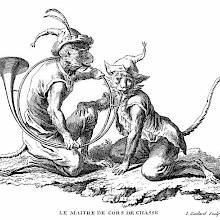 Two monkeys kneel facing each other, one holding a hunting horn for the other to blow into it