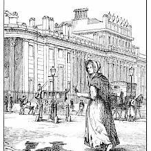 A woman, barefoot and wearing a patched-up dress, sells matches in front of the Bank of England