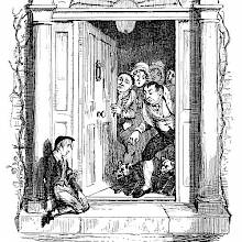 A boy is slumped against a pillar, looking bashfully at the unwelcoming servants at the door