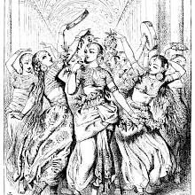 A group of women is dancing along a colonnade shaking tamourines