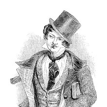 A young man wearing his top hat tilted to the side smokes a cigar and carries a book under his arm.