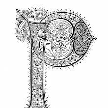 Ornate capital P showing interlace patterns as well as foliate and geometric ornaments