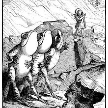 Three frogs stand on their hind legs, their arms locked together, as a little girl talks to them in the background