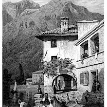 View of the shore of Lake Como at Menaggio with mountains in the background