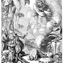 Four men look astonished as a stern genie appears in the midst of a large cloud of smoke