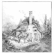 View of a rustic cottage with a thatched roof as seen from the chimney side