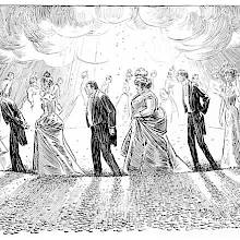 People trudge around in a circle lined with gold coins, as a cloud hovers above raining down more gold
