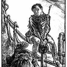 A traveler sits on a fence, his dog and bindle beside him as he stares wistfully at the sky, a stick in his hand