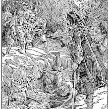 An altercation is taking place between pirates separated by a freshly dug trench