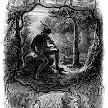 A man sitting on a rock plays the violin in the night while creatures dance in the woods