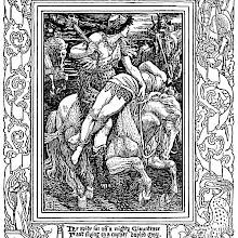 A woman rides away with a prisoner thrown across the neck of her horse, as a knight charges at her