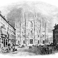 West front of the Milan Cathedral and the square, busy with pedestrians and carriages