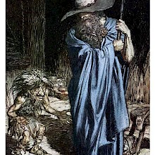 A man wrapped in a cloak stands upright, leaning on a spear as a fretful dwarf talks to him