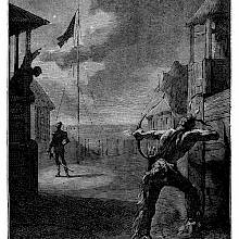 At night, a native American aims his bow at a US soldier standing by a flagpole